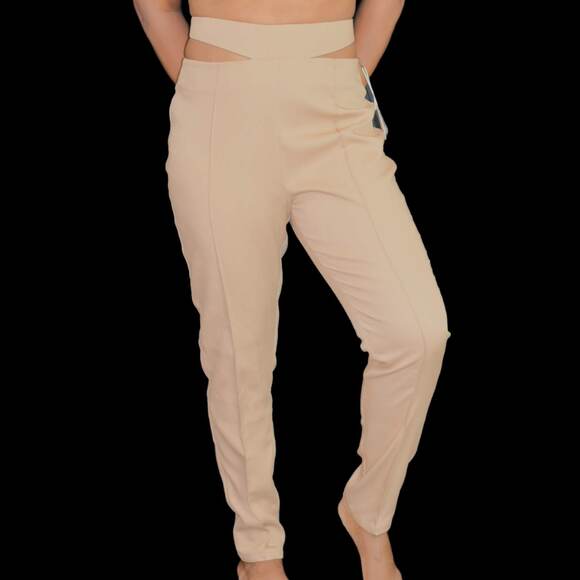 Camila Coelho Pants Tan Taupe Waist Cutouts High Waisted Tapered Trouser Medium - Picture 2 of 13